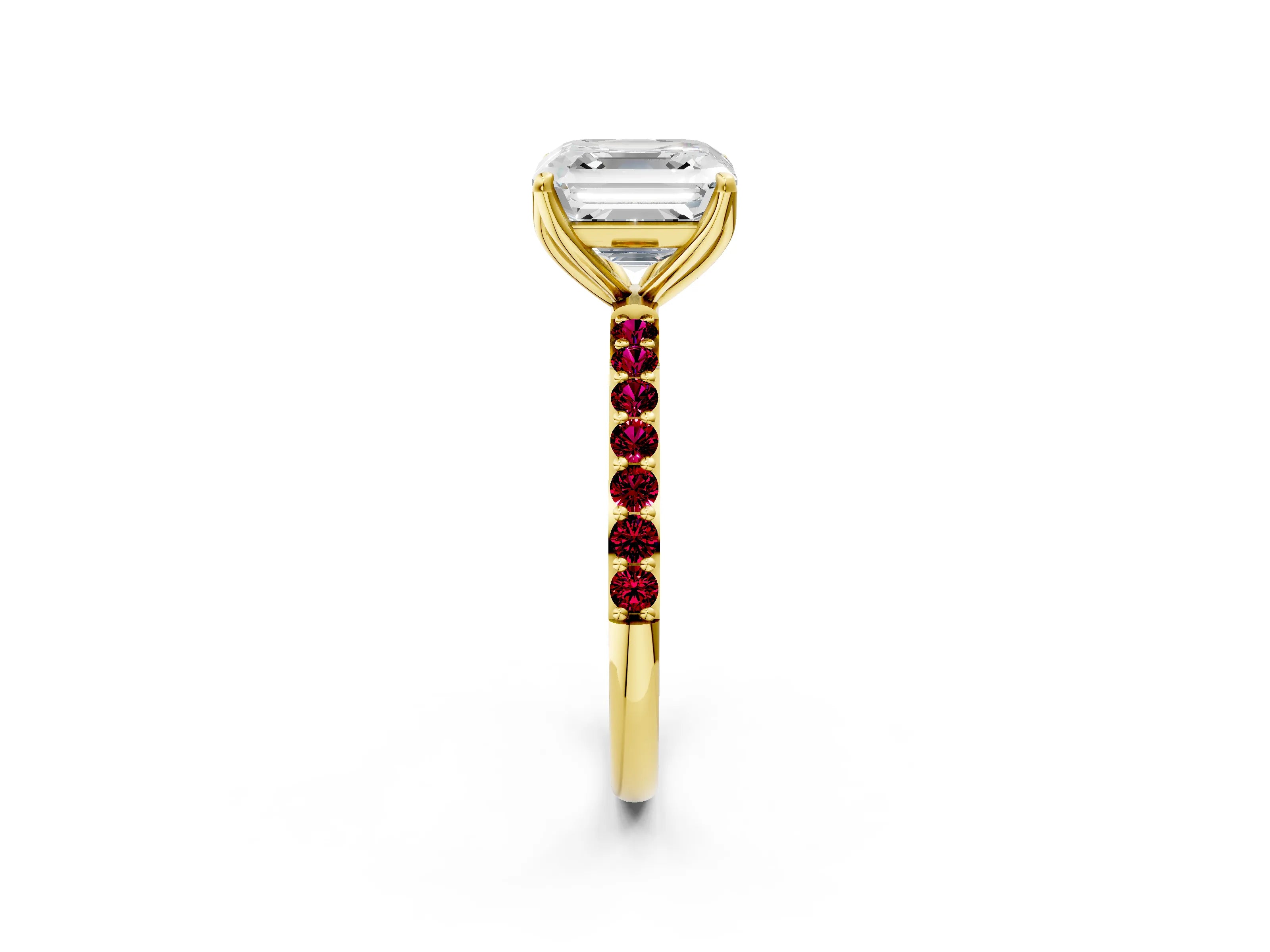 Yellow gold Asscher Cut Diamond Solitaire Engagement Ring with Round with Garnet side stone Pavé Band and Prong Setting_2