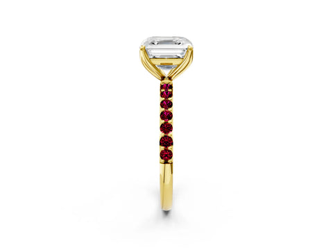 Yellow gold Asscher Cut Diamond Solitaire Engagement Ring with Round with Garnet side stone Pavé Band and Prong Setting_2