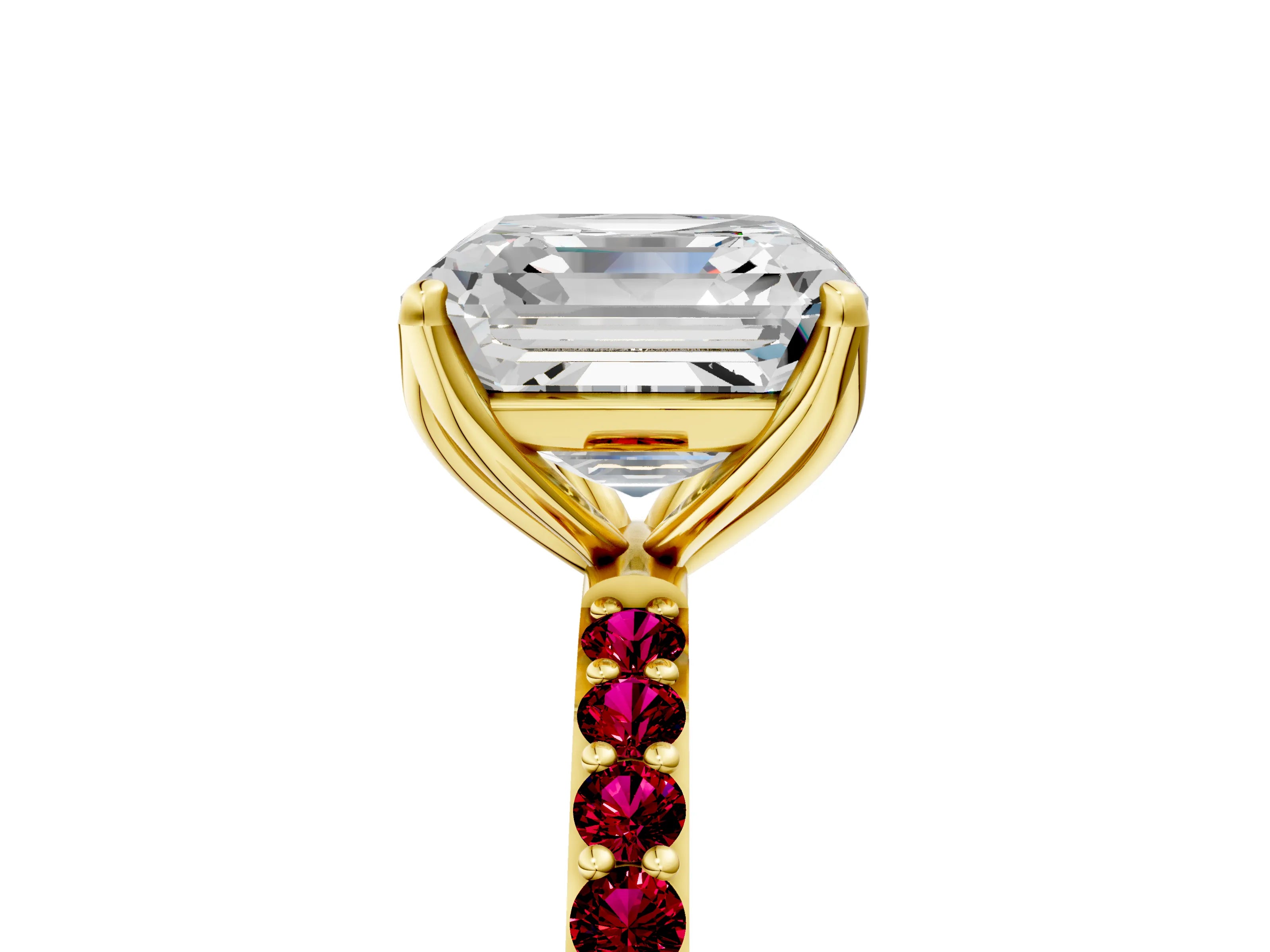 Yellow gold Asscher Cut Diamond Solitaire Engagement Ring with Round with Garnet side stone Pavé Band and Prong Setting_5