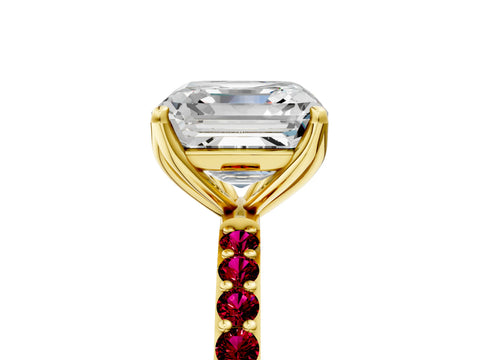Yellow gold Asscher Cut Diamond Solitaire Engagement Ring with Round with Garnet side stone Pavé Band and Prong Setting_5