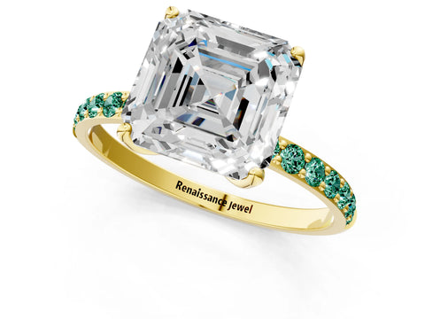 Yellow gold Asscher Cut Diamond Solitaire Engagement Ring with Round with Green Sapphire side stone Pavé Band and Prong Setting_1