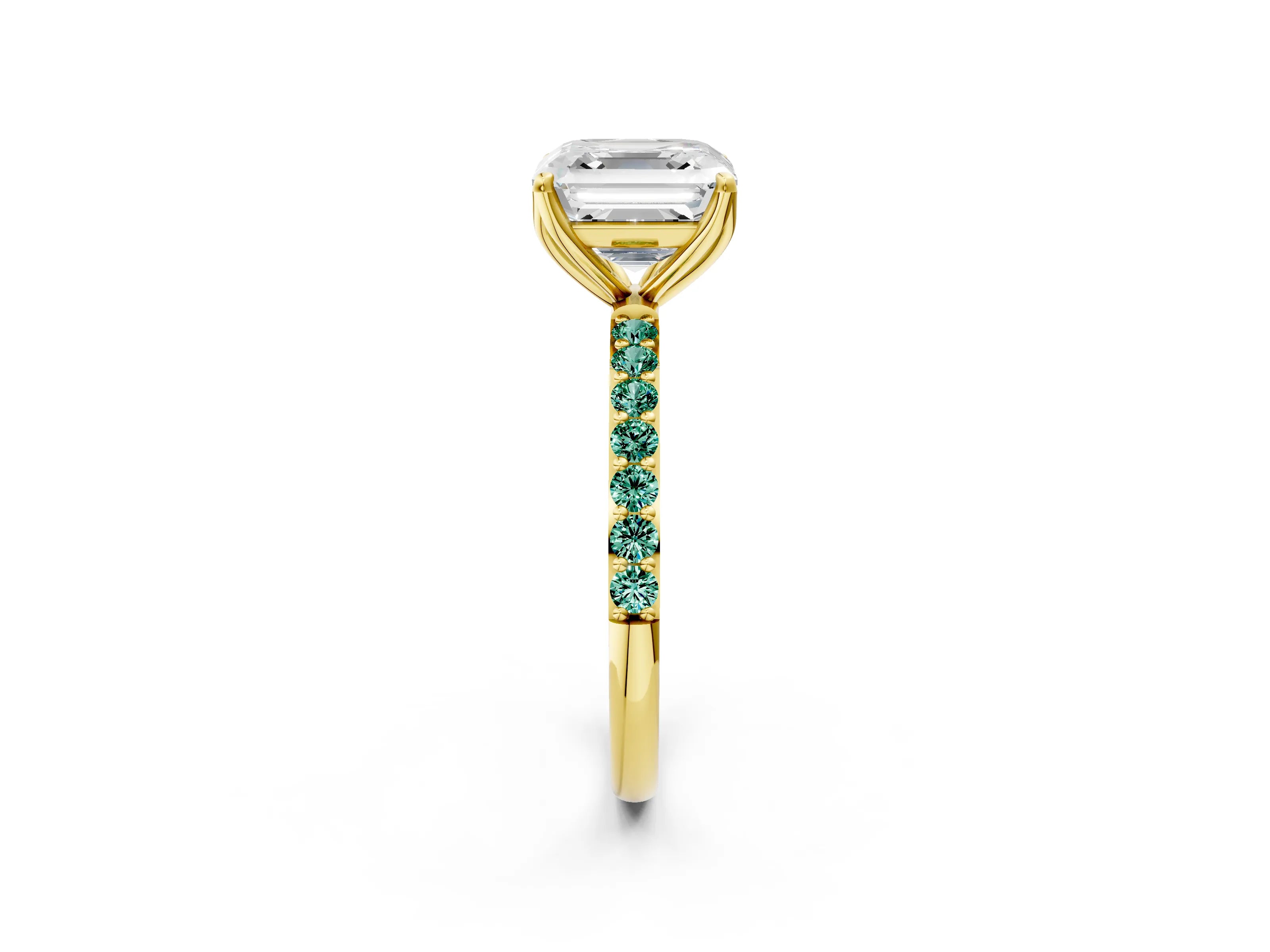 Yellow gold Asscher Cut Diamond Solitaire Engagement Ring with Round with Green Sapphire side stone Pavé Band and Prong Setting_2