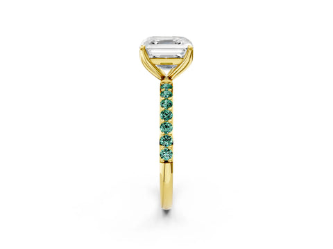Yellow gold Asscher Cut Diamond Solitaire Engagement Ring with Round with Green Sapphire side stone Pavé Band and Prong Setting_2