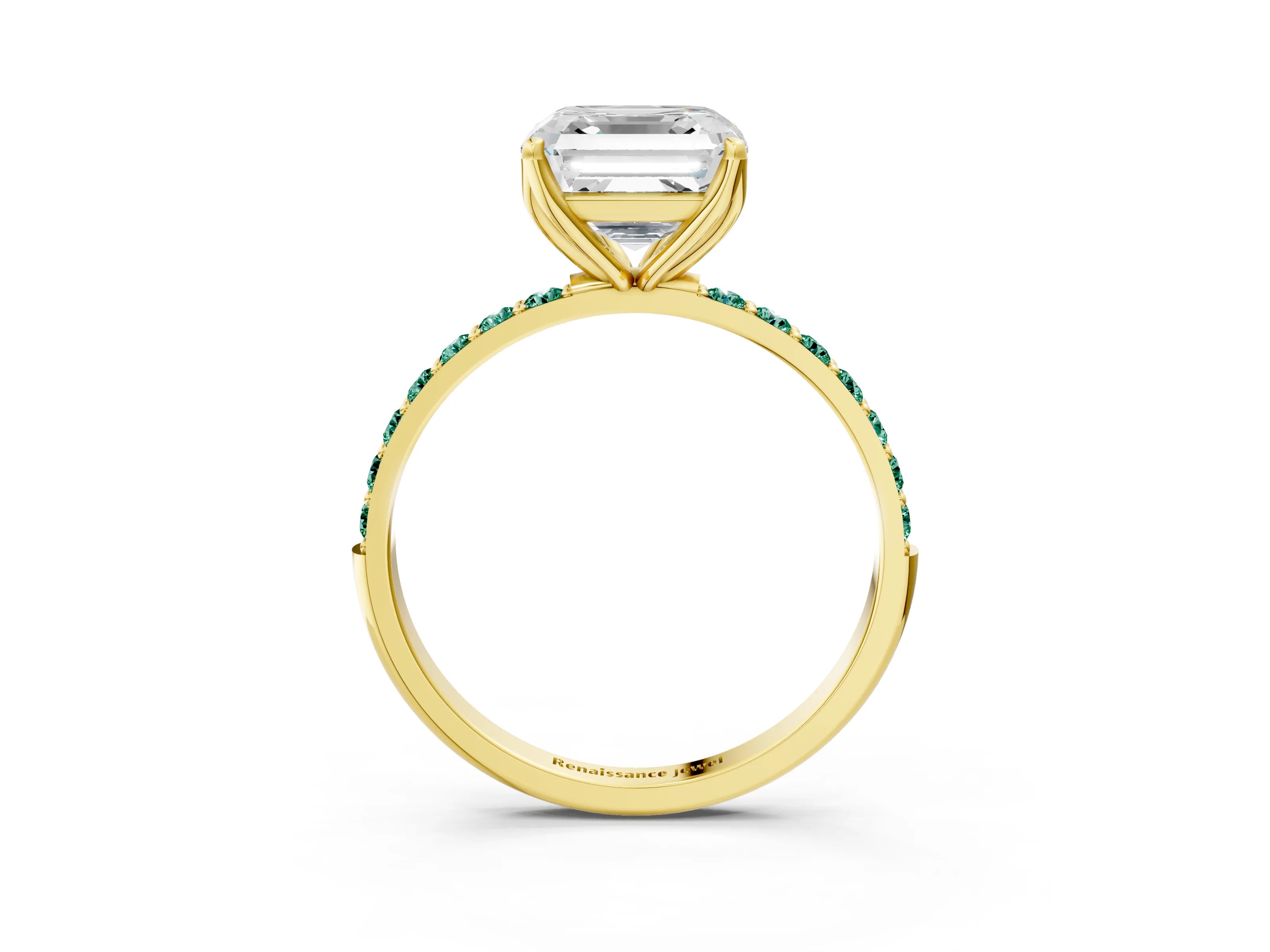 Yellow gold Asscher Cut Diamond Solitaire Engagement Ring with Round with Green Sapphire side stone Pavé Band and Prong Setting_3