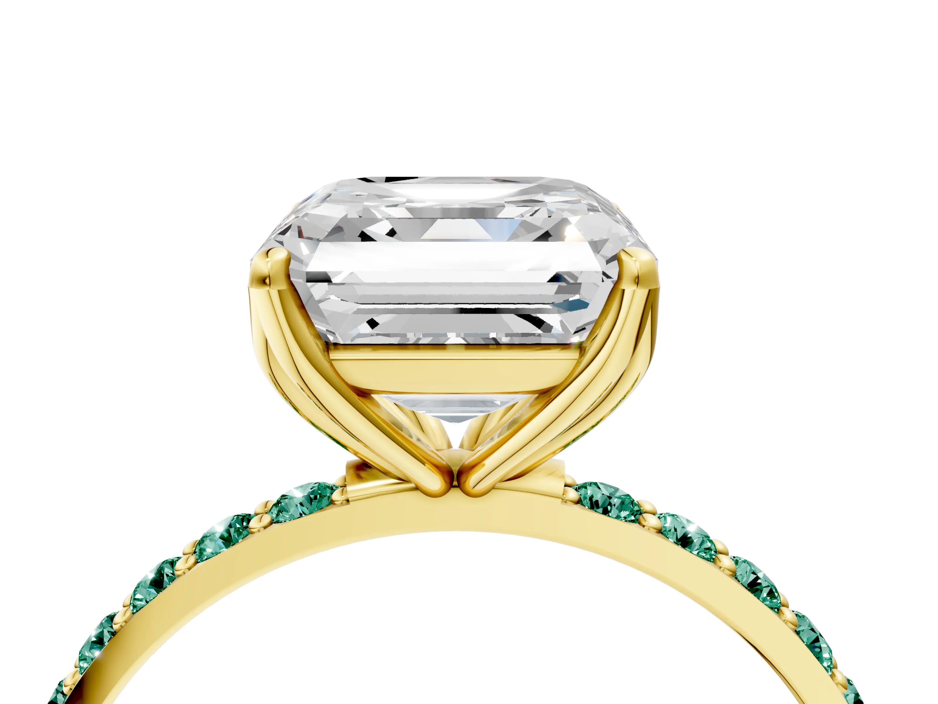 Yellow gold Asscher Cut Diamond Solitaire Engagement Ring with Round with Green Sapphire side stone Pavé Band and Prong Setting_4