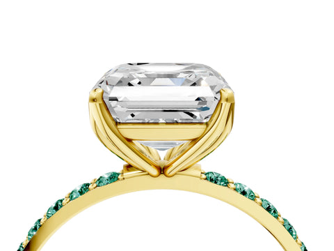 Yellow gold Asscher Cut Diamond Solitaire Engagement Ring with Round with Green Sapphire side stone Pavé Band and Prong Setting_4