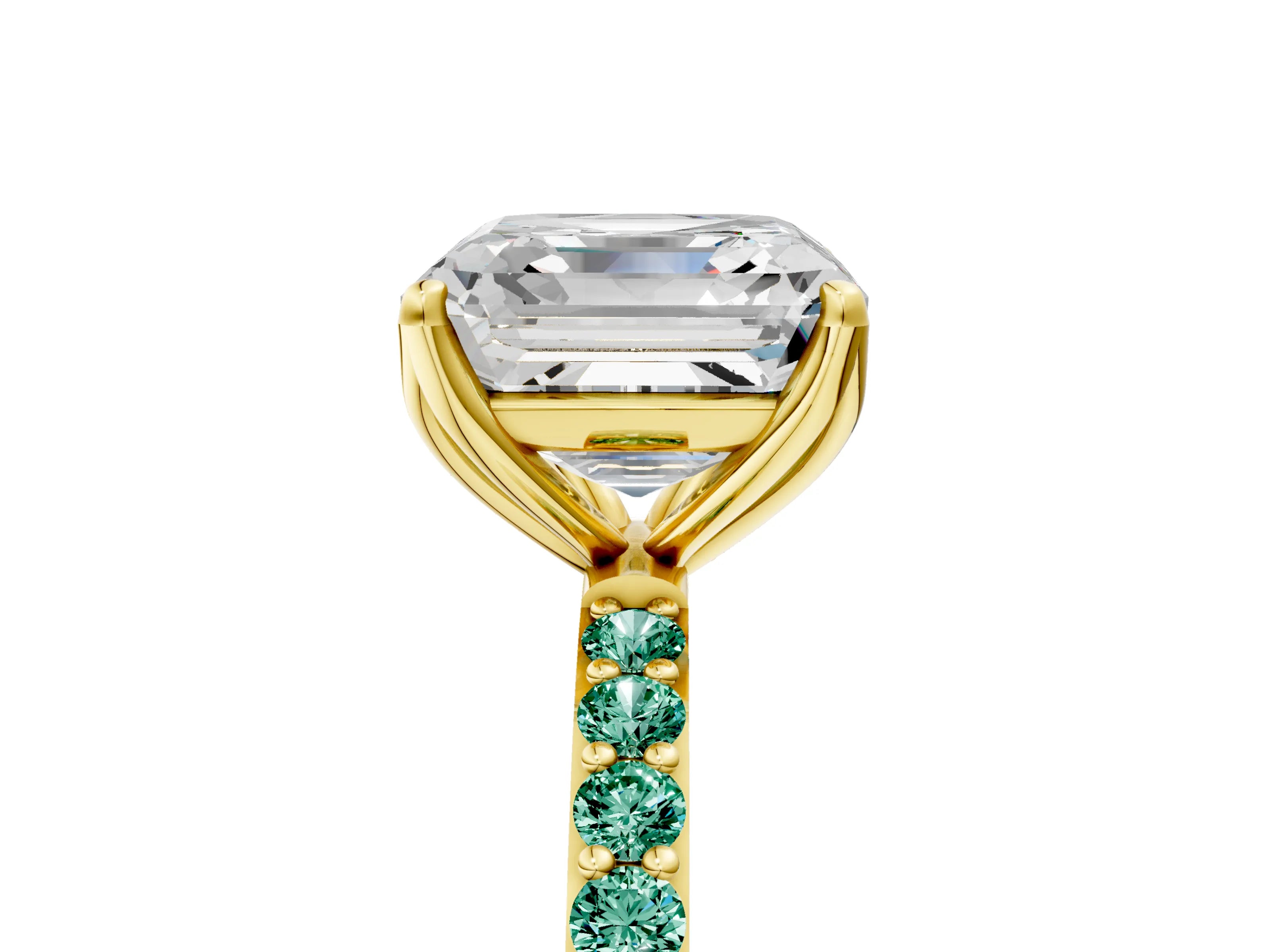 Yellow gold Asscher Cut Diamond Solitaire Engagement Ring with Round with Green Sapphire side stone Pavé Band and Prong Setting_5