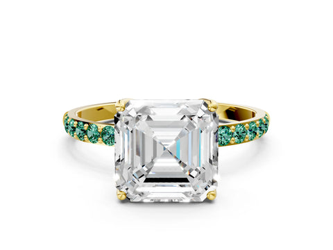 Yellow gold Asscher Cut Diamond Solitaire Engagement Ring with Round with Green Sapphire side stone Pavé Band and Prong Setting