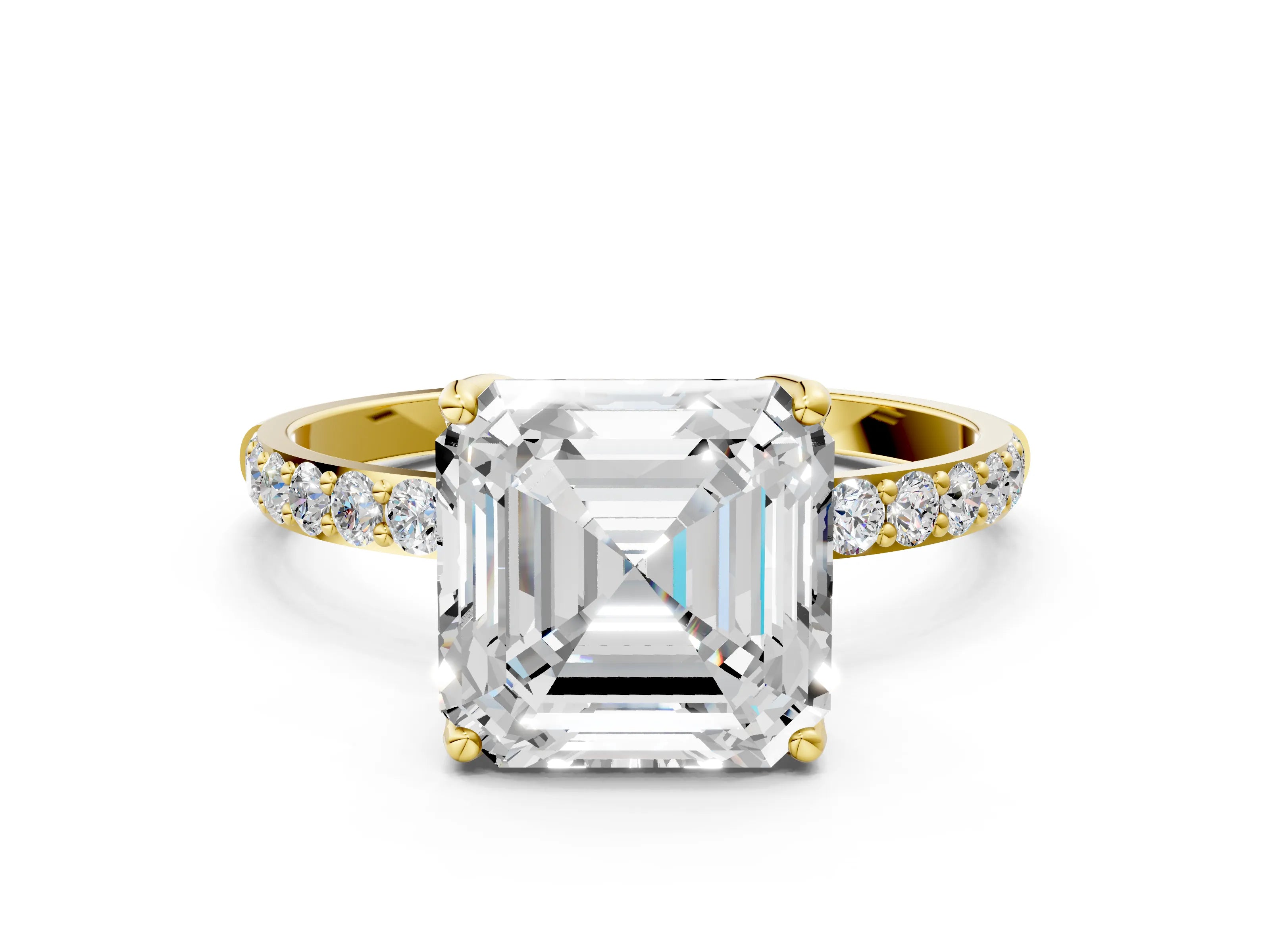 Yellow gold Asscher Cut Diamond Solitaire Engagement Ring with Round with Moissanite side stone Pavé Band and Prong Setting