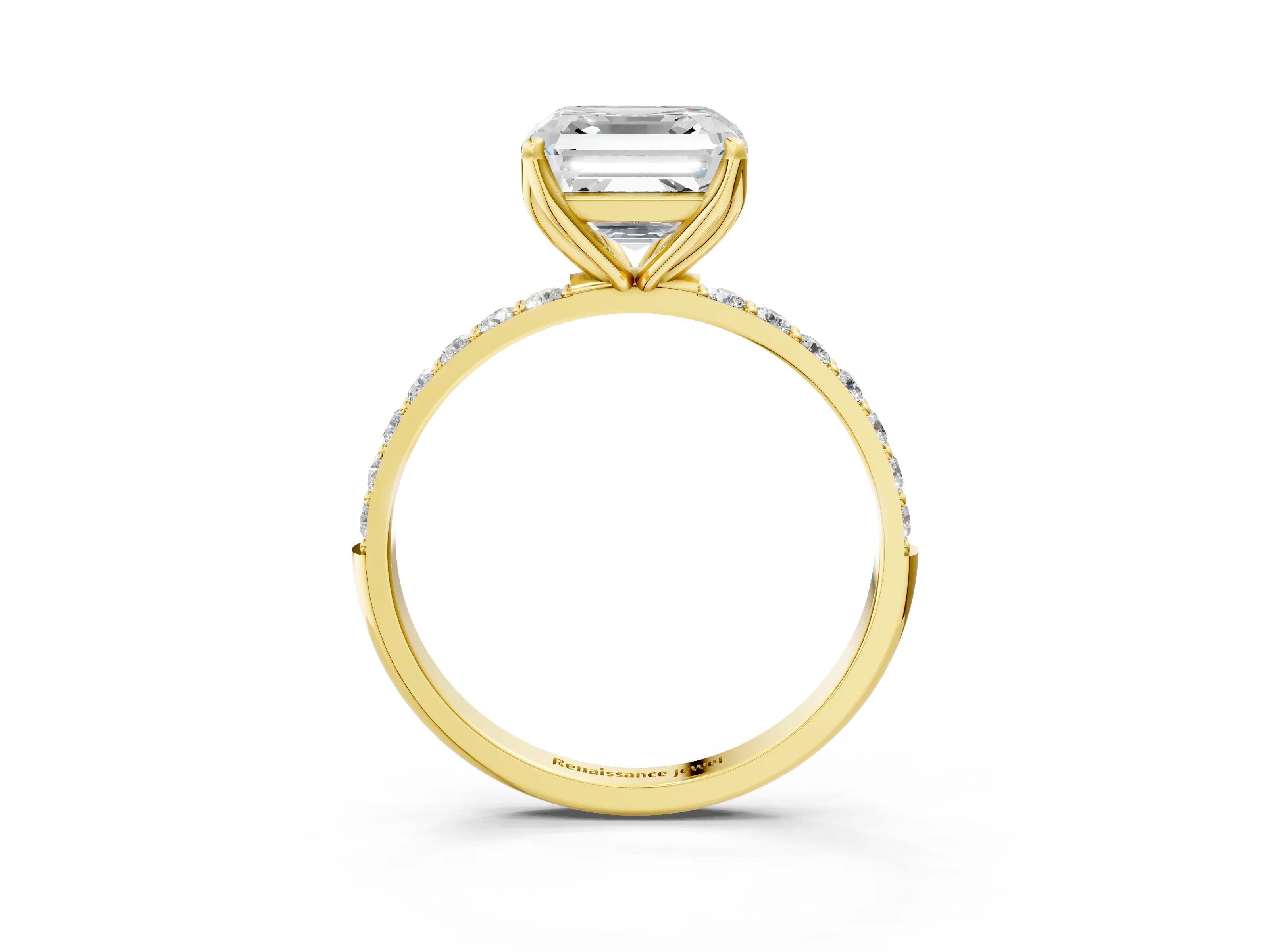 Yellow gold Asscher Cut Diamond Solitaire Engagement Ring with Round with Moissanite side stone Pavé Band and Prong Setting_3