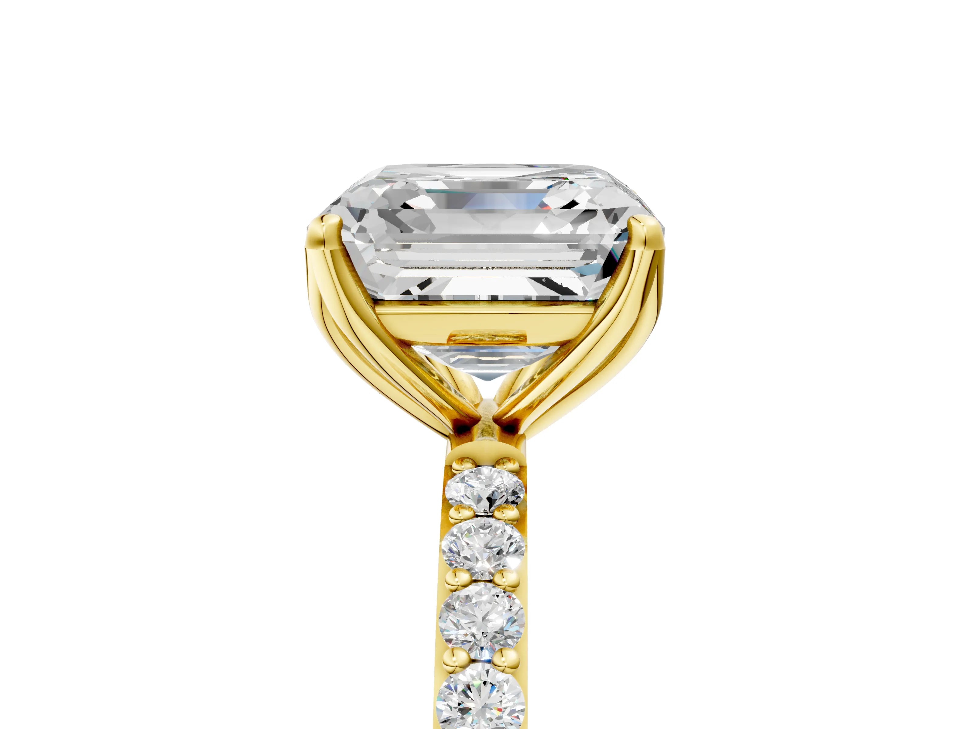 Yellow gold Asscher Cut Diamond Solitaire Engagement Ring with Round with Moissanite side stone Pavé Band and Prong Setting_5