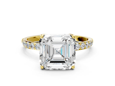 Yellow gold Asscher Cut Diamond Solitaire Engagement Ring with Round with Moissanite side stone Pavé Band and Prong Setting