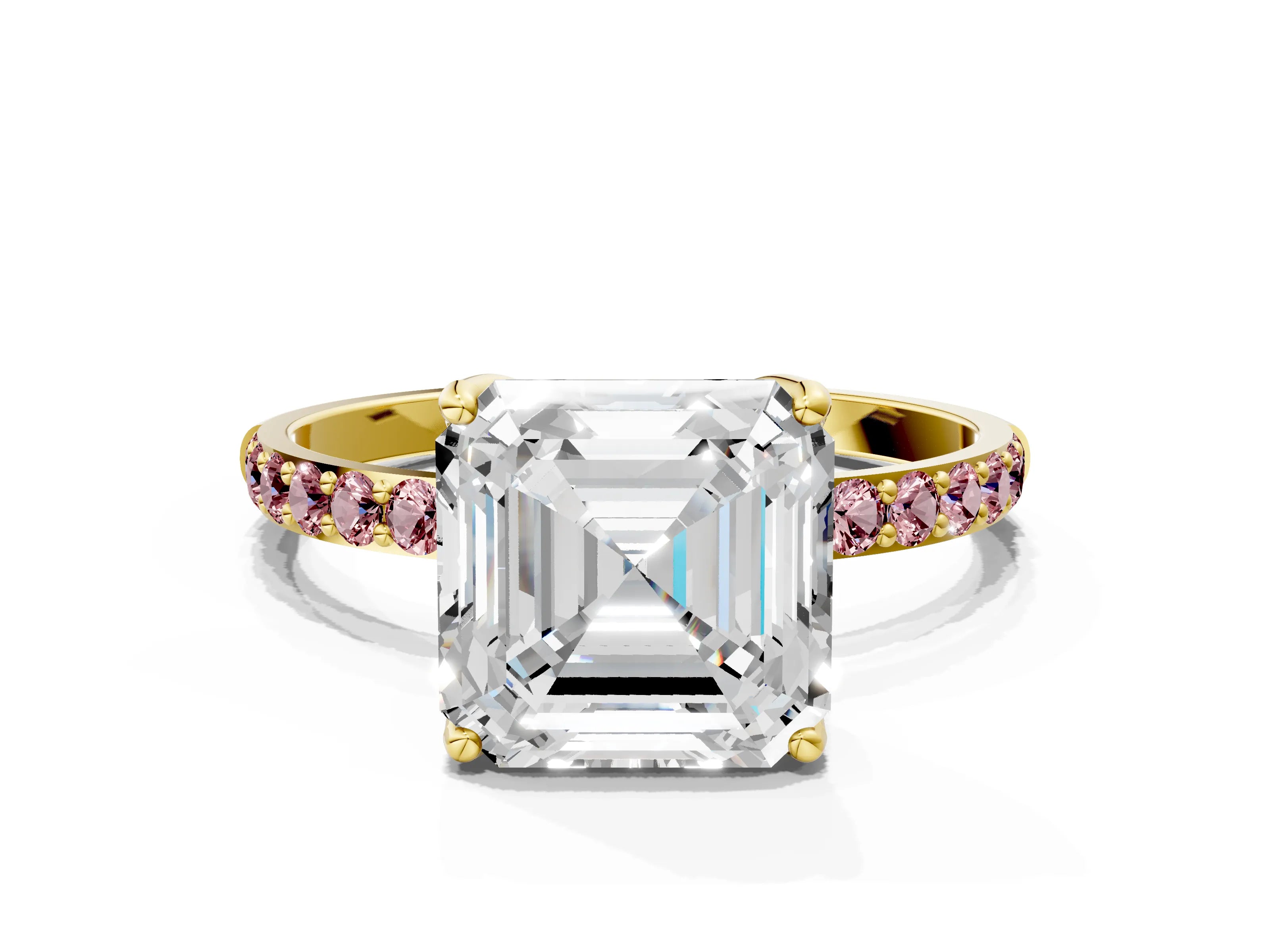 Yellow gold Asscher Cut Diamond Solitaire Engagement Ring with Round with Morganite side stone Pavé Band and Prong Setting
