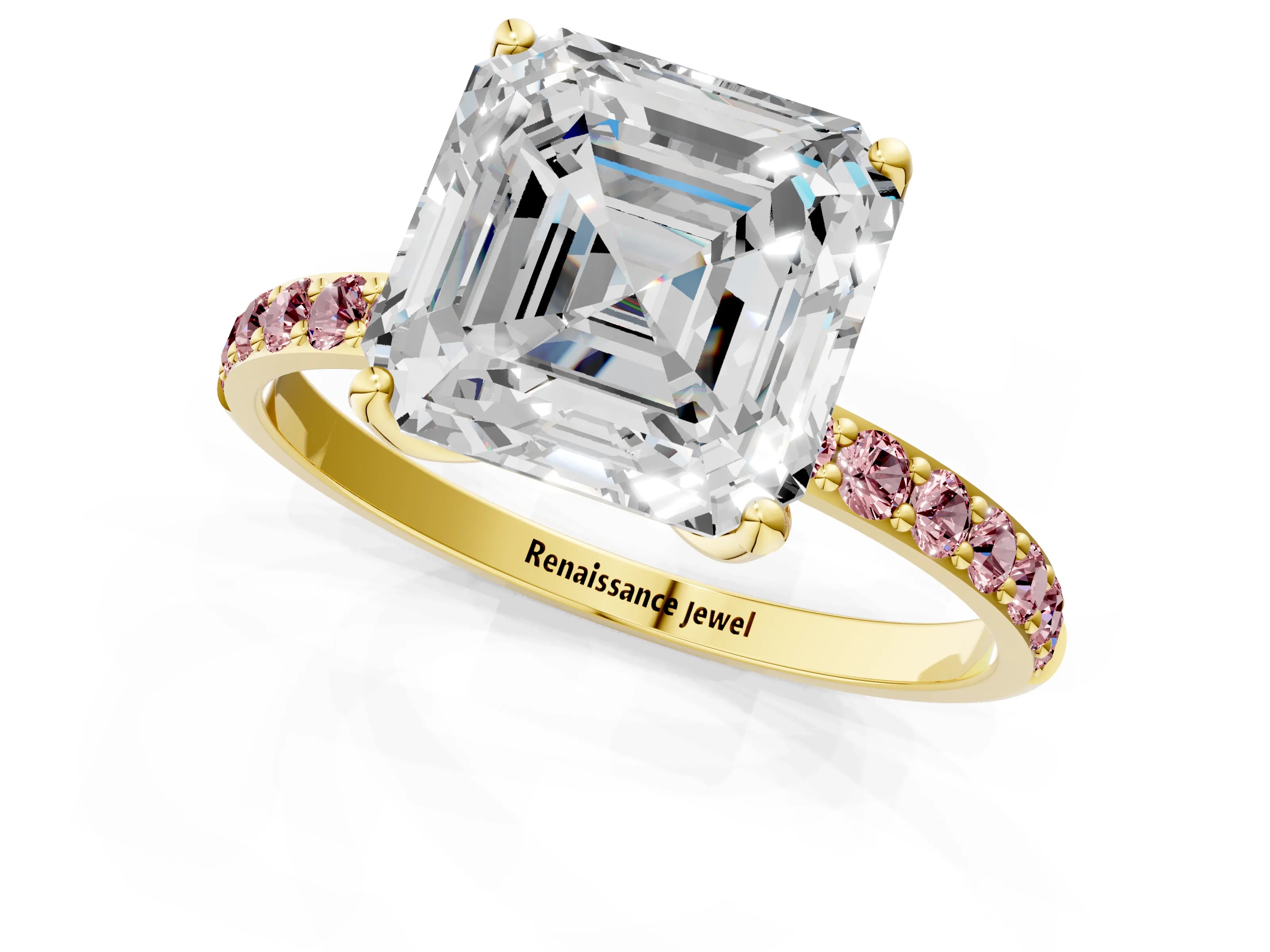 Yellow gold Asscher Cut Diamond Solitaire Engagement Ring with Round with Morganite side stone Pavé Band and Prong Setting_1