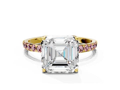 Yellow gold Asscher Cut Diamond Solitaire Engagement Ring with Round with Morganite side stone Pavé Band and Prong Setting