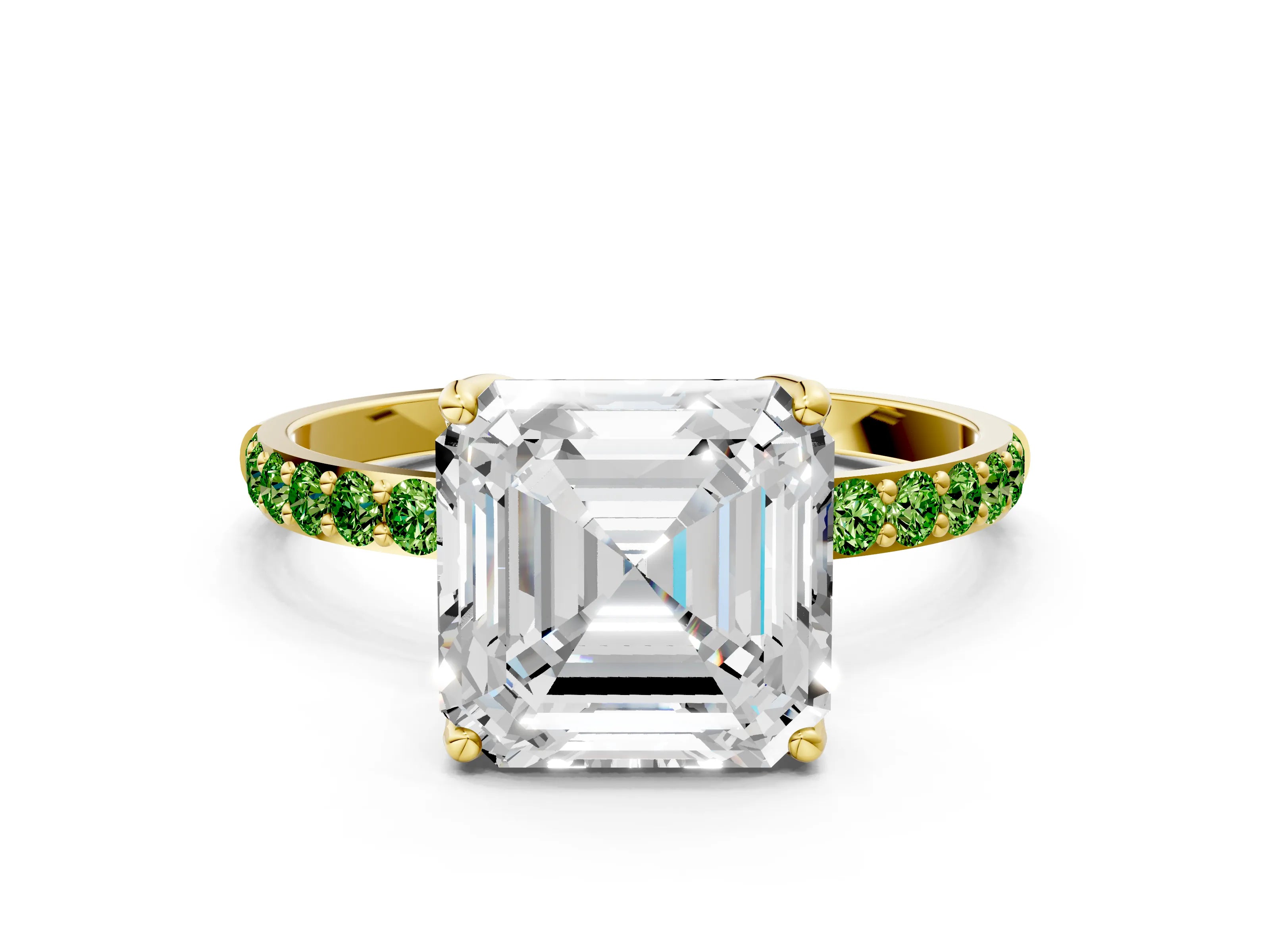 Yellow gold Asscher Cut Diamond Solitaire Engagement Ring with Round with Peridot side stone Pavé Band and Prong Setting