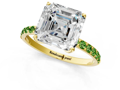 Yellow gold Asscher Cut Diamond Solitaire Engagement Ring with Round with Peridot side stone Pavé Band and Prong Setting_1