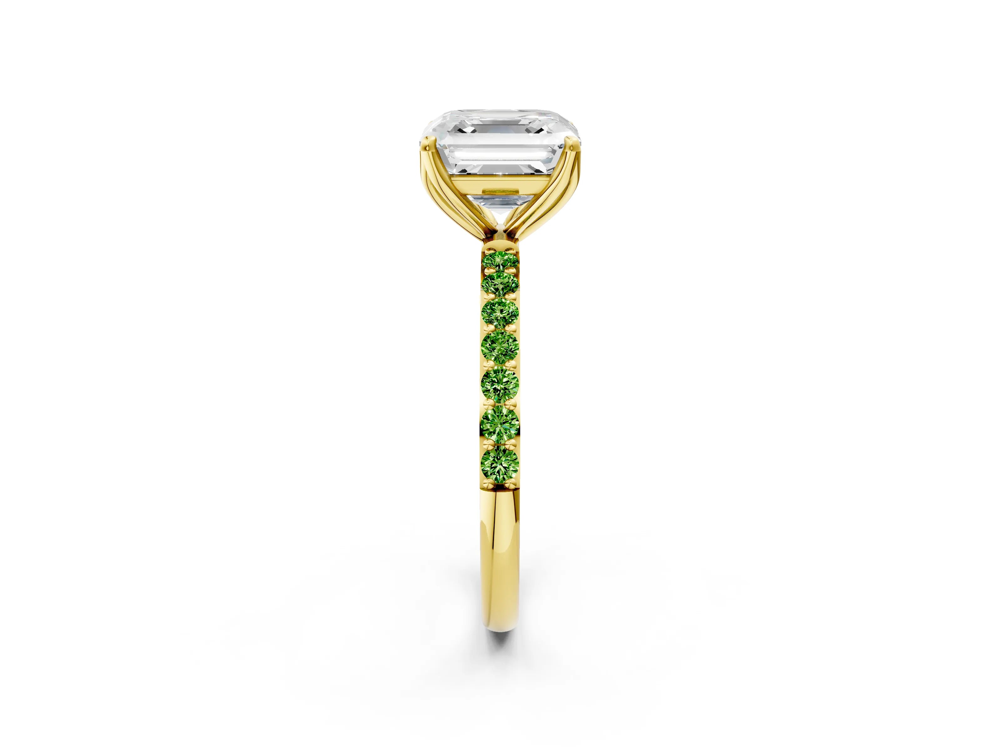 Yellow gold Asscher Cut Diamond Solitaire Engagement Ring with Round with Peridot side stone Pavé Band and Prong Setting_2