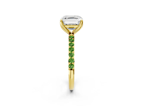 Yellow gold Asscher Cut Diamond Solitaire Engagement Ring with Round with Peridot side stone Pavé Band and Prong Setting_2