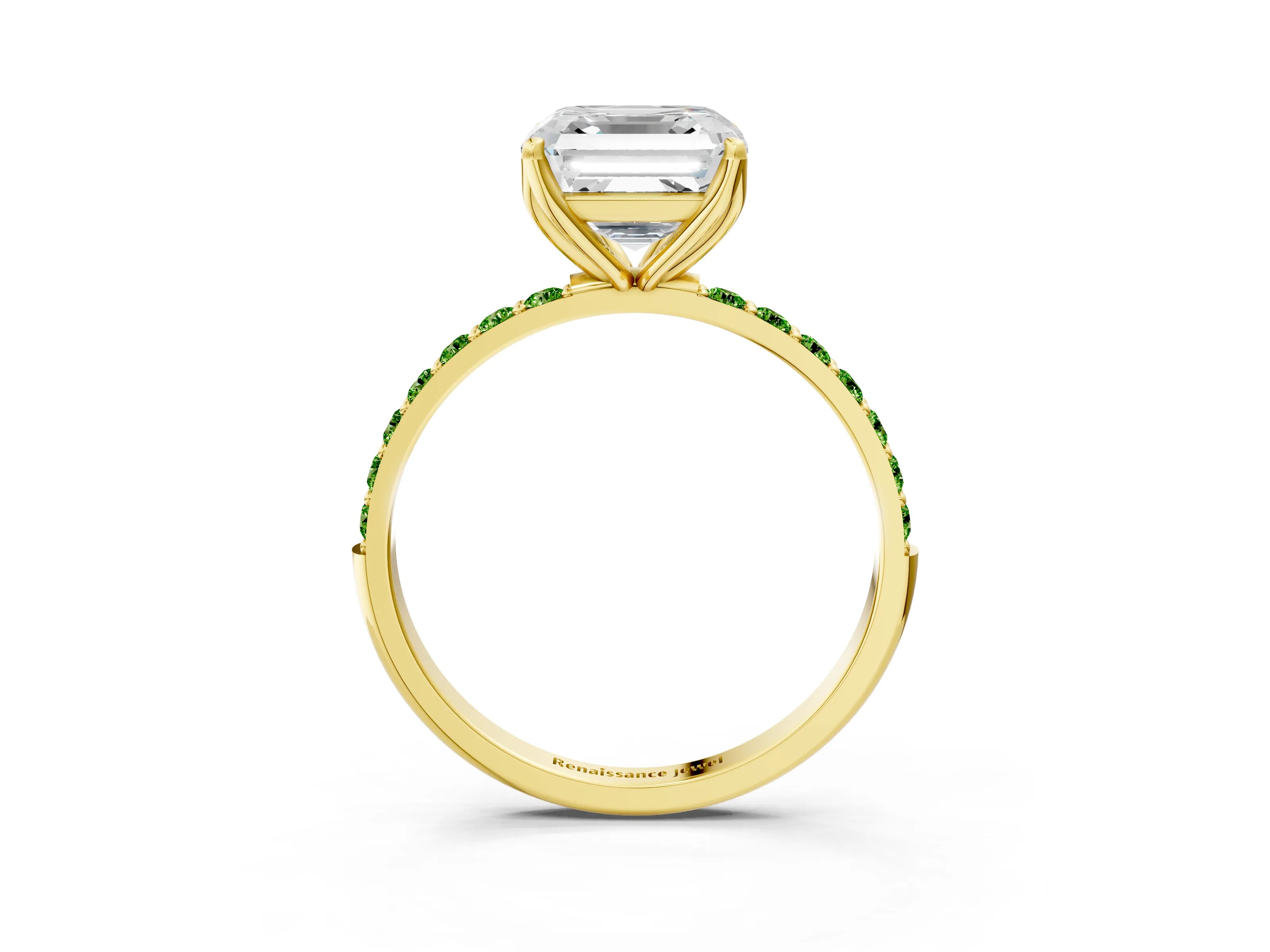 Yellow gold Asscher Cut Diamond Solitaire Engagement Ring with Round with Peridot side stone Pavé Band and Prong Setting_3