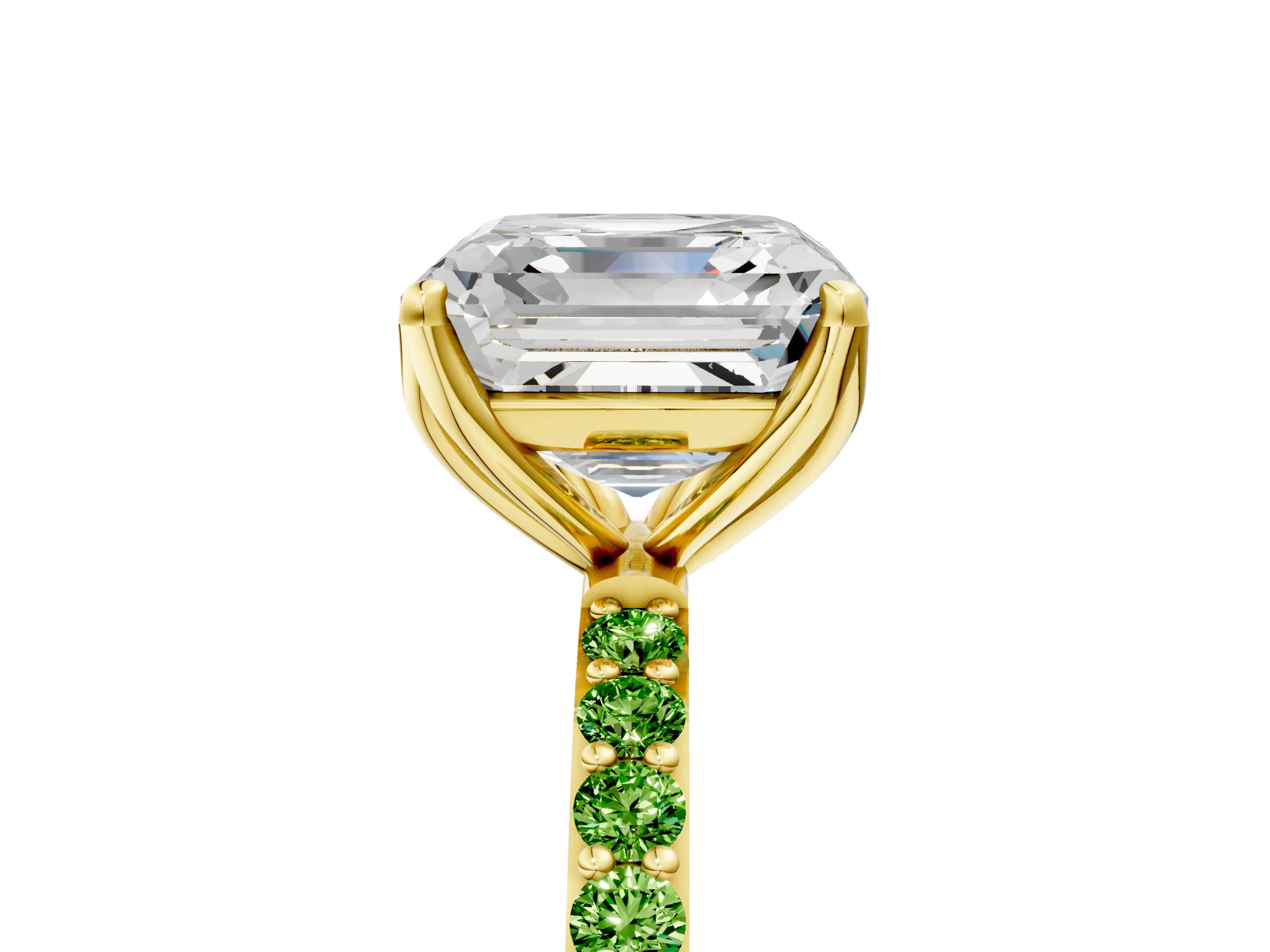 Yellow gold Asscher Cut Diamond Solitaire Engagement Ring with Round with Peridot side stone Pavé Band and Prong Setting_5