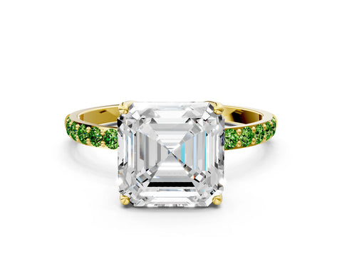 Yellow gold Asscher Cut Diamond Solitaire Engagement Ring with Round with Peridot side stone Pavé Band and Prong Setting