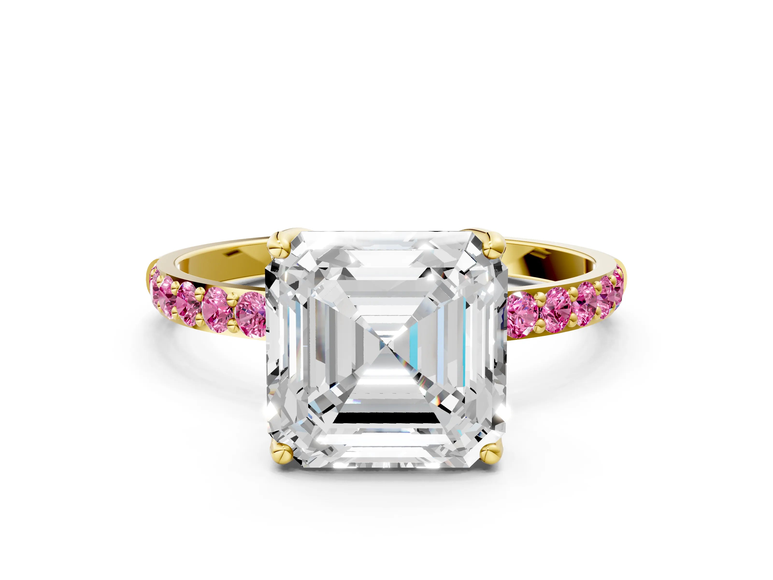 Yellow gold Asscher Cut Diamond Solitaire Engagement Ring with Round with Pink Sapphire side stone Pavé Band and Prong Setting