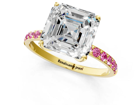 Yellow gold Asscher Cut Diamond Solitaire Engagement Ring with Round with Pink Sapphire side stone Pavé Band and Prong Setting_1