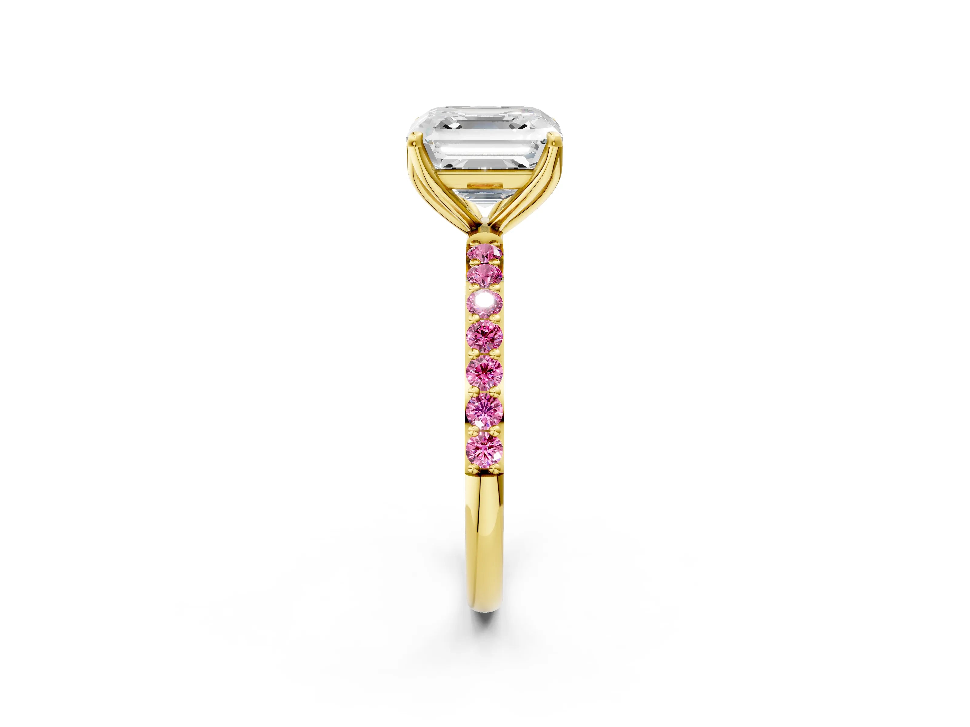 Yellow gold Asscher Cut Diamond Solitaire Engagement Ring with Round with Pink Sapphire side stone Pavé Band and Prong Setting_2