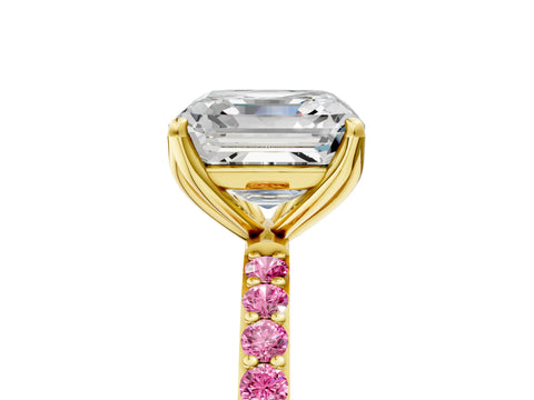 Yellow gold Asscher Cut Diamond Solitaire Engagement Ring with Round with Pink Sapphire side stone Pavé Band and Prong Setting_5