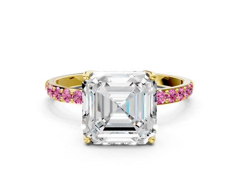 Yellow gold Asscher Cut Diamond Solitaire Engagement Ring with Round with Pink Sapphire side stone Pavé Band and Prong Setting