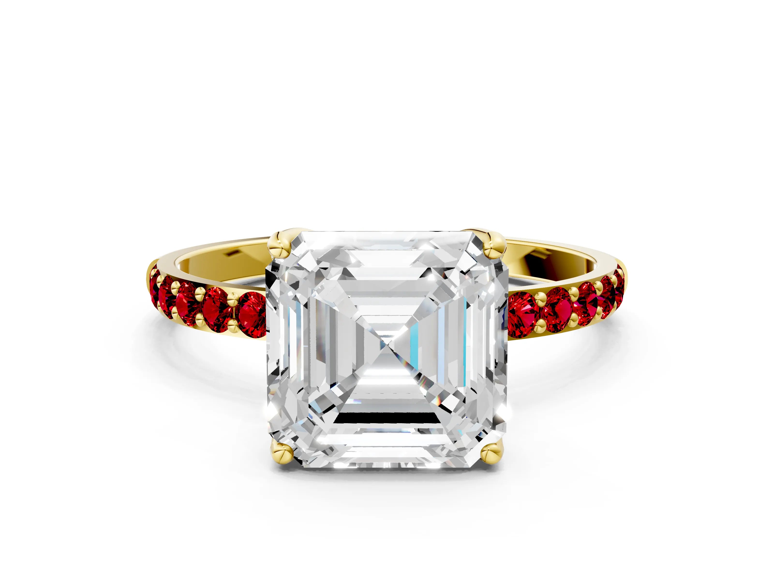 Yellow gold Asscher Cut Diamond Solitaire Engagement Ring with Round with Ruby side stone Pavé Band and Prong Setting