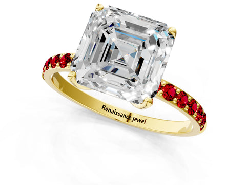 Yellow gold Asscher Cut Diamond Solitaire Engagement Ring with Round with Ruby side stone Pavé Band and Prong Setting_1