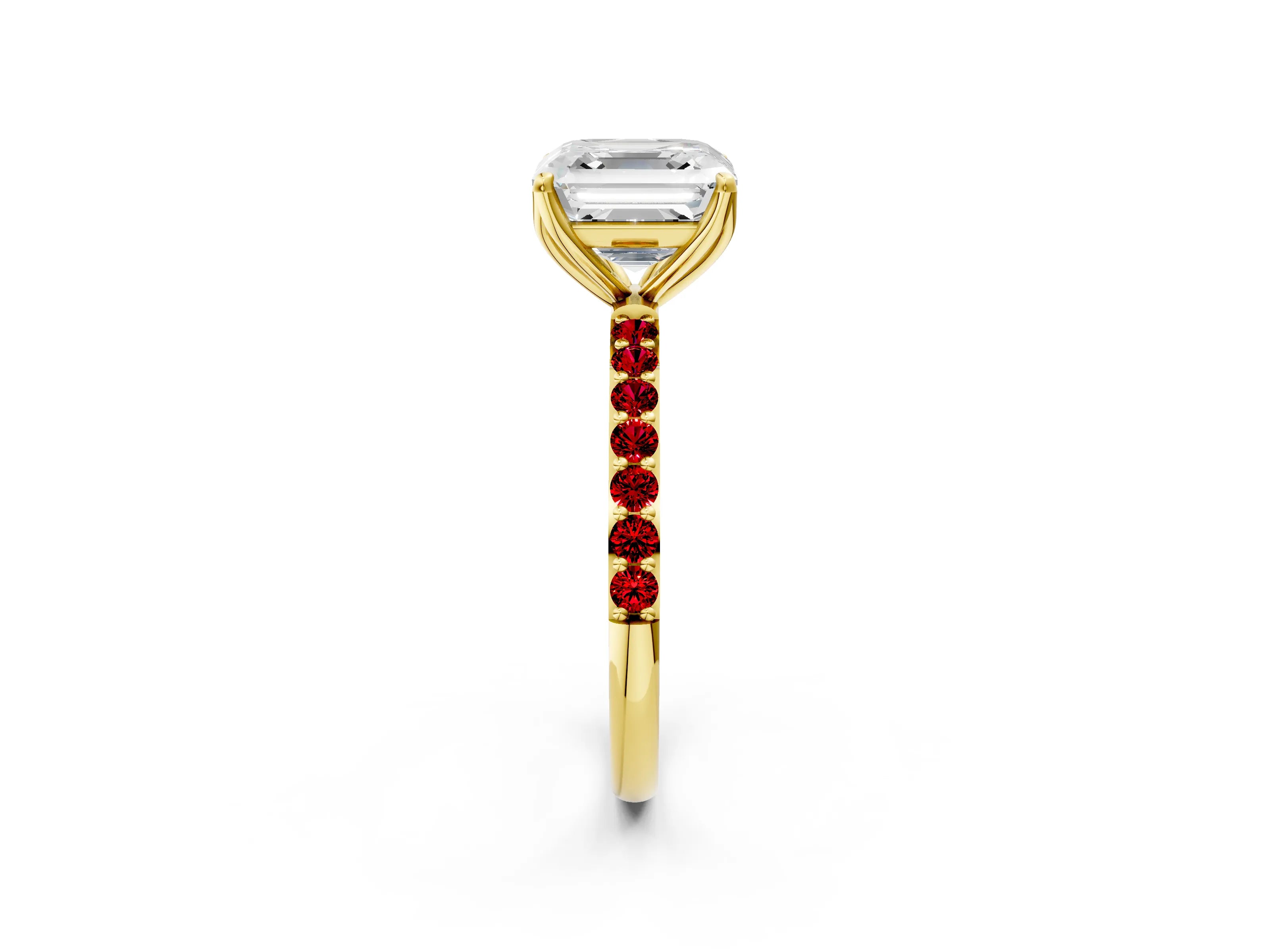 Yellow gold Asscher Cut Diamond Solitaire Engagement Ring with Round with Ruby side stone Pavé Band and Prong Setting_2