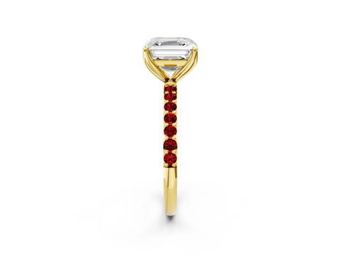 Yellow gold Asscher Cut Diamond Solitaire Engagement Ring with Round with Ruby side stone Pavé Band and Prong Setting_2