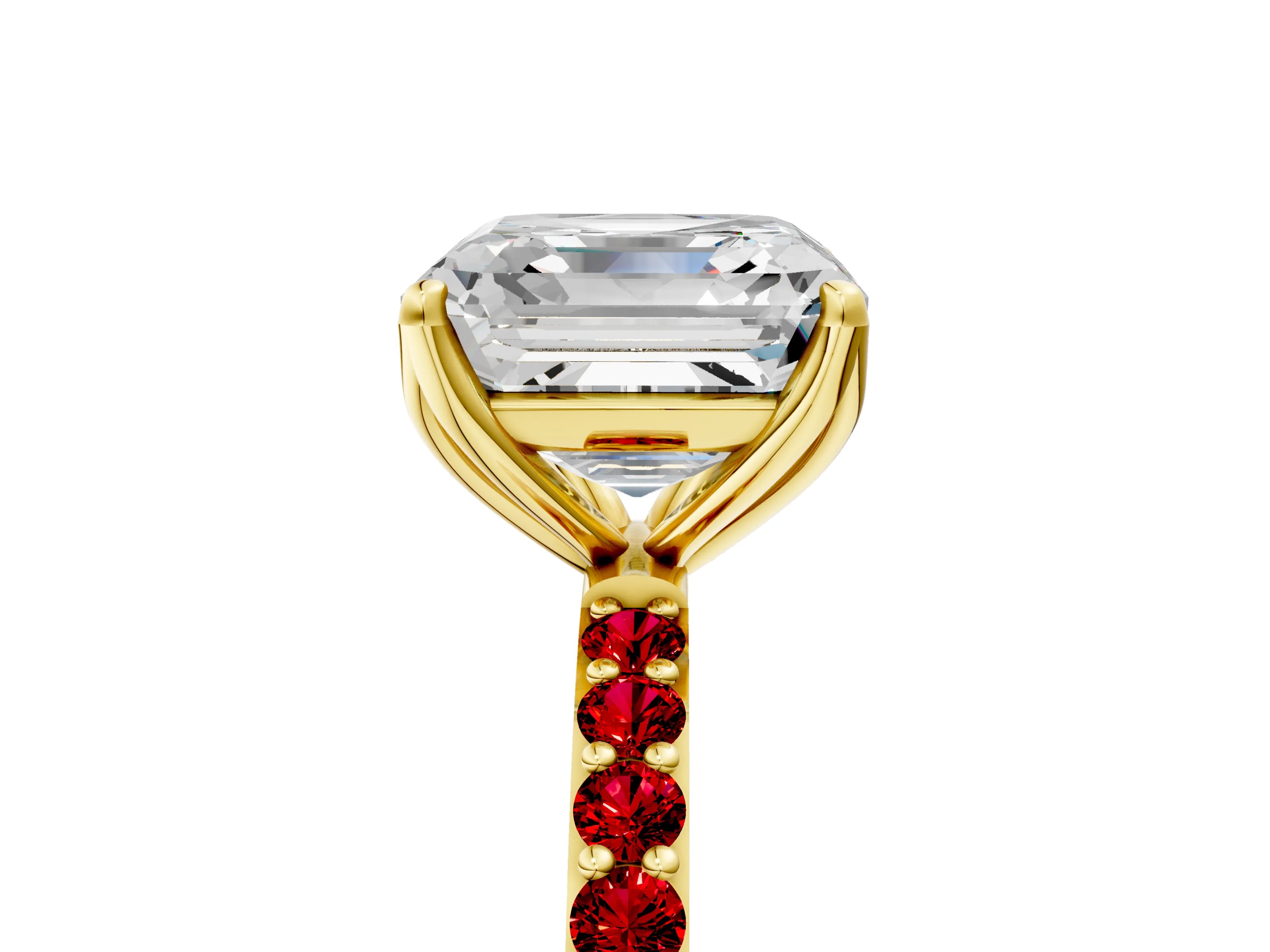 Yellow gold Asscher Cut Diamond Solitaire Engagement Ring with Round with Ruby side stone Pavé Band and Prong Setting_5