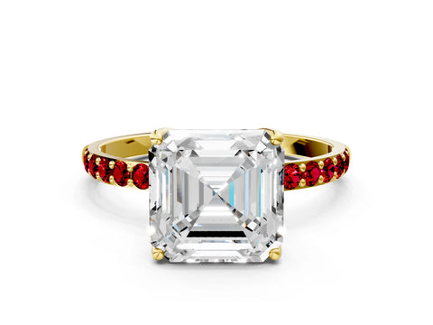 Yellow gold Asscher Cut Diamond Solitaire Engagement Ring with Round with Ruby side stone Pavé Band and Prong Setting