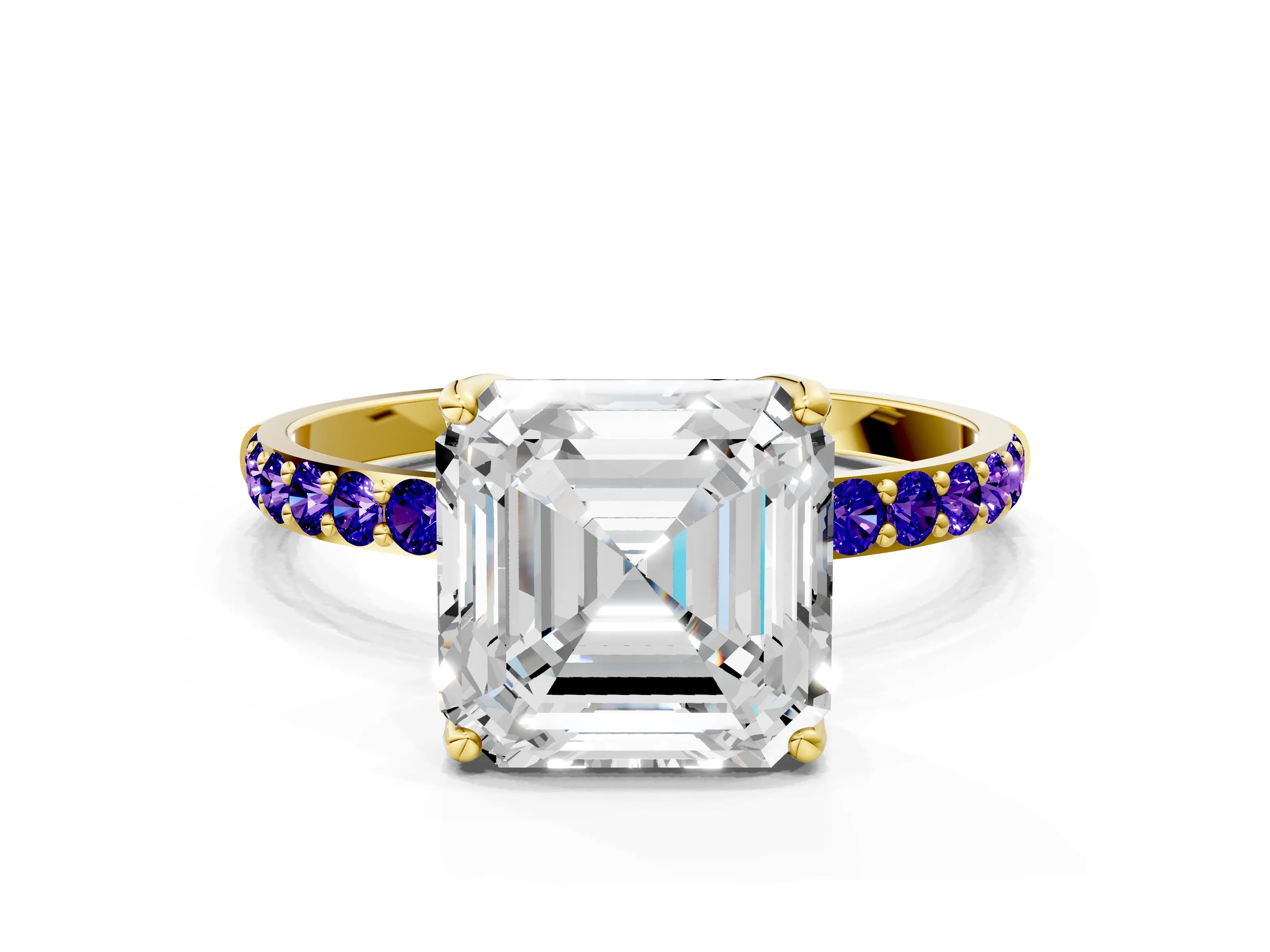 Yellow gold Asscher Cut Diamond Solitaire Engagement Ring with Round with Tanzanite side stone Pavé Band and Prong Setting