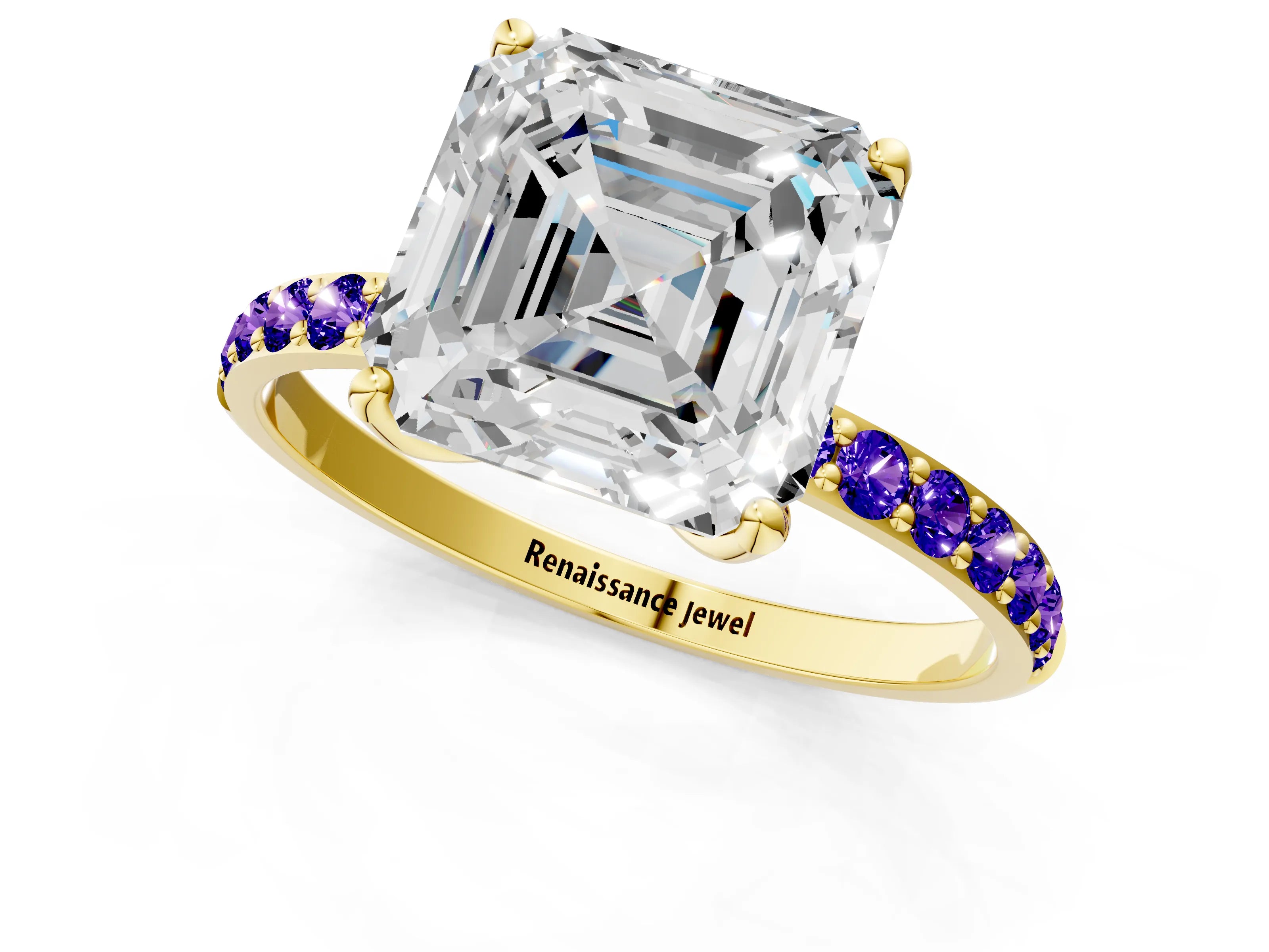 Yellow gold Asscher Cut Diamond Solitaire Engagement Ring with Round with Tanzanite side stone Pavé Band and Prong Setting_1