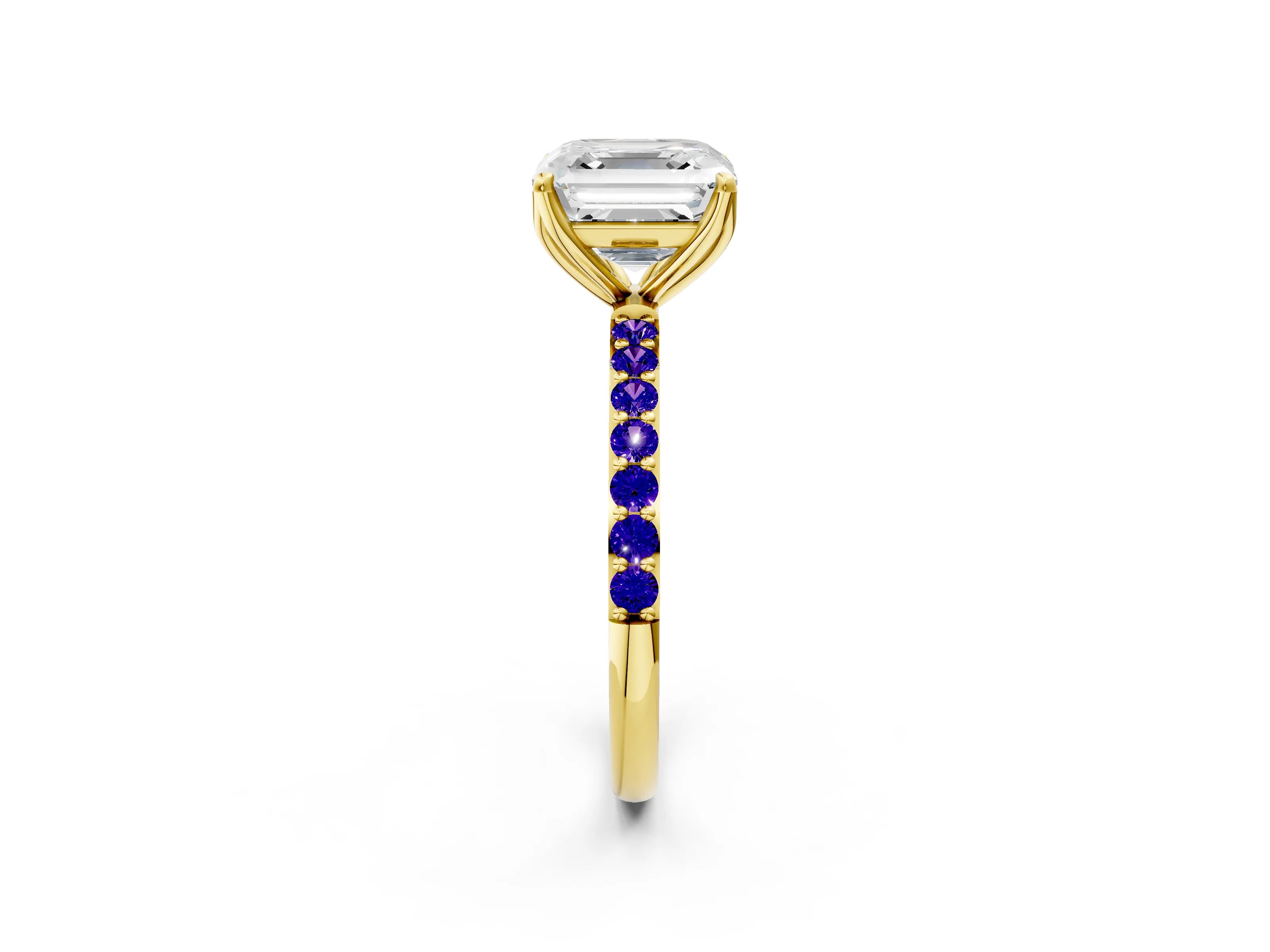 Yellow gold Asscher Cut Diamond Solitaire Engagement Ring with Round with Tanzanite side stone Pavé Band and Prong Setting_2