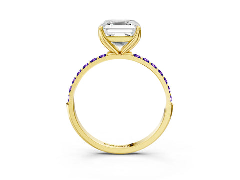 Yellow gold Asscher Cut Diamond Solitaire Engagement Ring with Round with Tanzanite side stone Pavé Band and Prong Setting_3