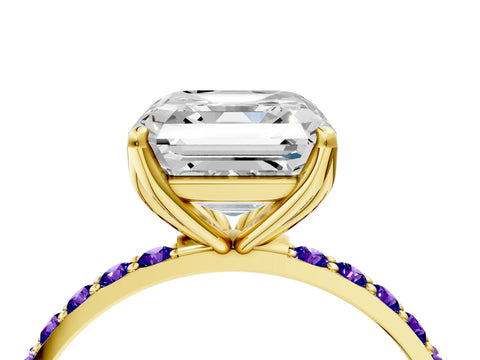 Yellow gold Asscher Cut Diamond Solitaire Engagement Ring with Round with Tanzanite side stone Pavé Band and Prong Setting_4