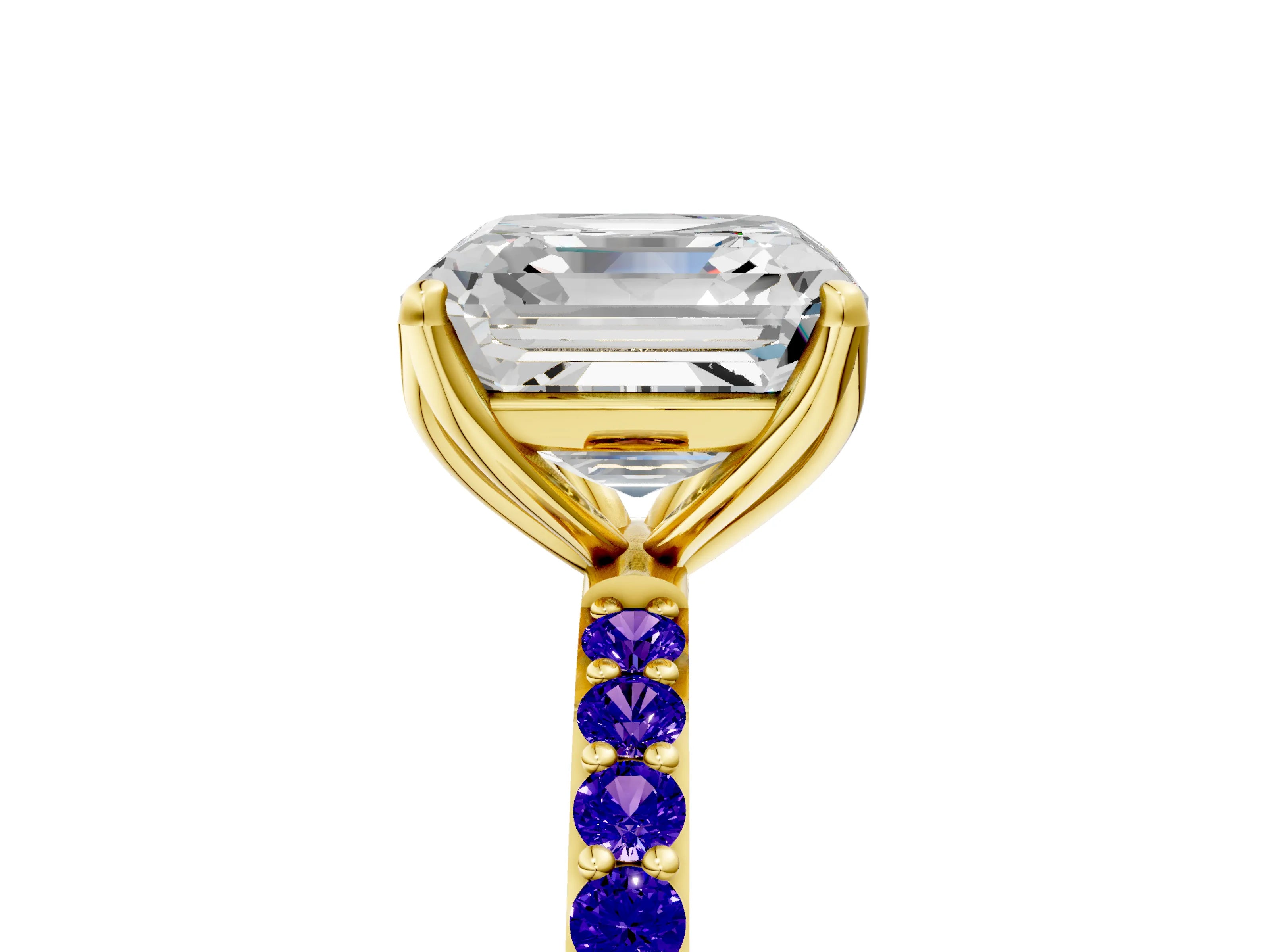 Yellow gold Asscher Cut Diamond Solitaire Engagement Ring with Round with Tanzanite side stone Pavé Band and Prong Setting_5