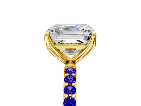 Yellow gold Asscher Cut Diamond Solitaire Engagement Ring with Round with Tanzanite side stone Pavé Band and Prong Setting_5