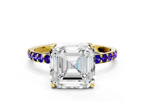 Yellow gold Asscher Cut Diamond Solitaire Engagement Ring with Round with Tanzanite side stone Pavé Band and Prong Setting