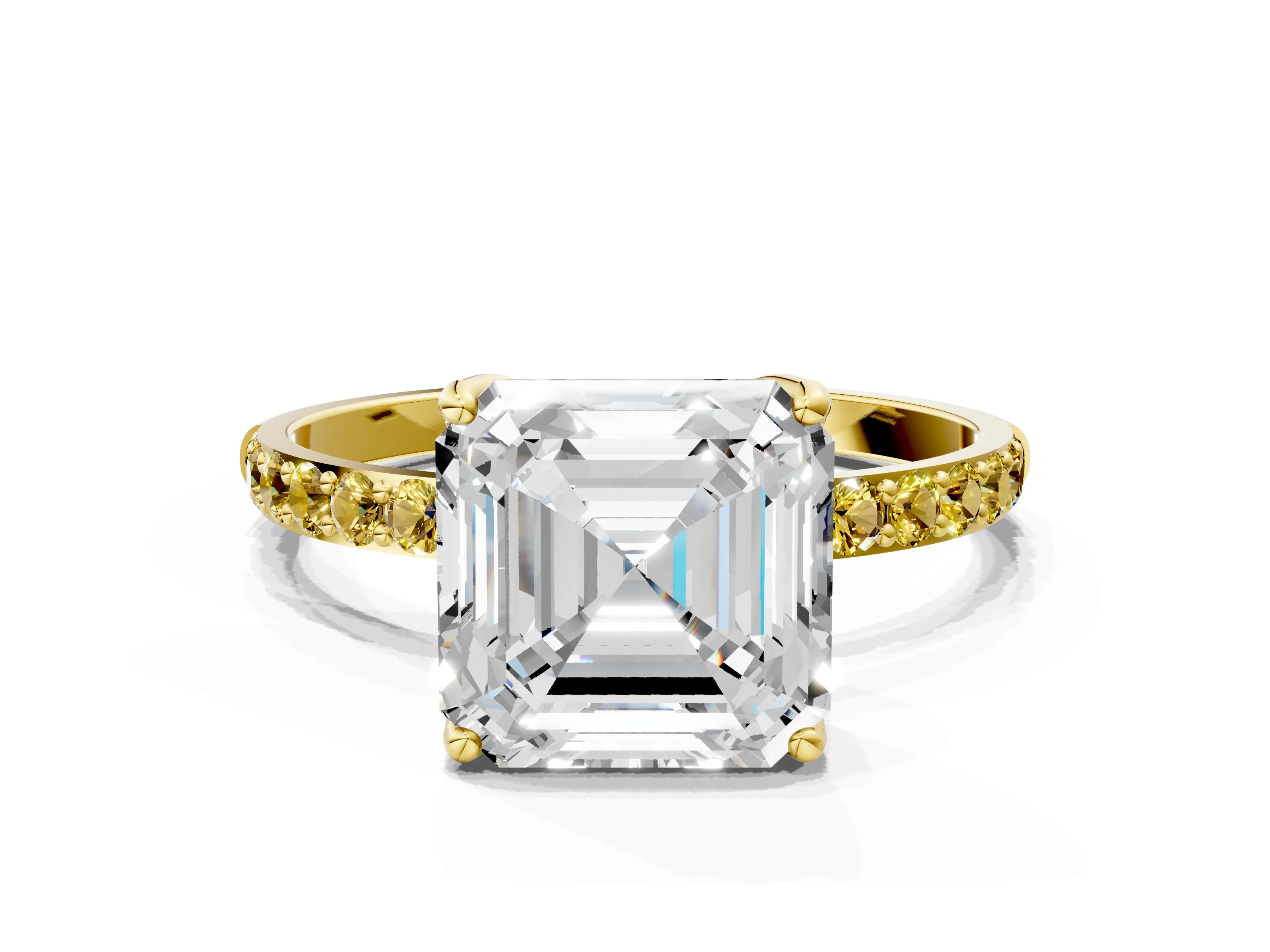 Yellow gold Asscher Cut Diamond Solitaire Engagement Ring with Round with Yellow Sapphire side stone Pavé Band and Prong Setting