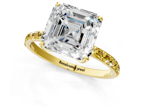 Yellow gold Asscher Cut Diamond Solitaire Engagement Ring with Round with Yellow Sapphire side stone Pavé Band and Prong Setting_1