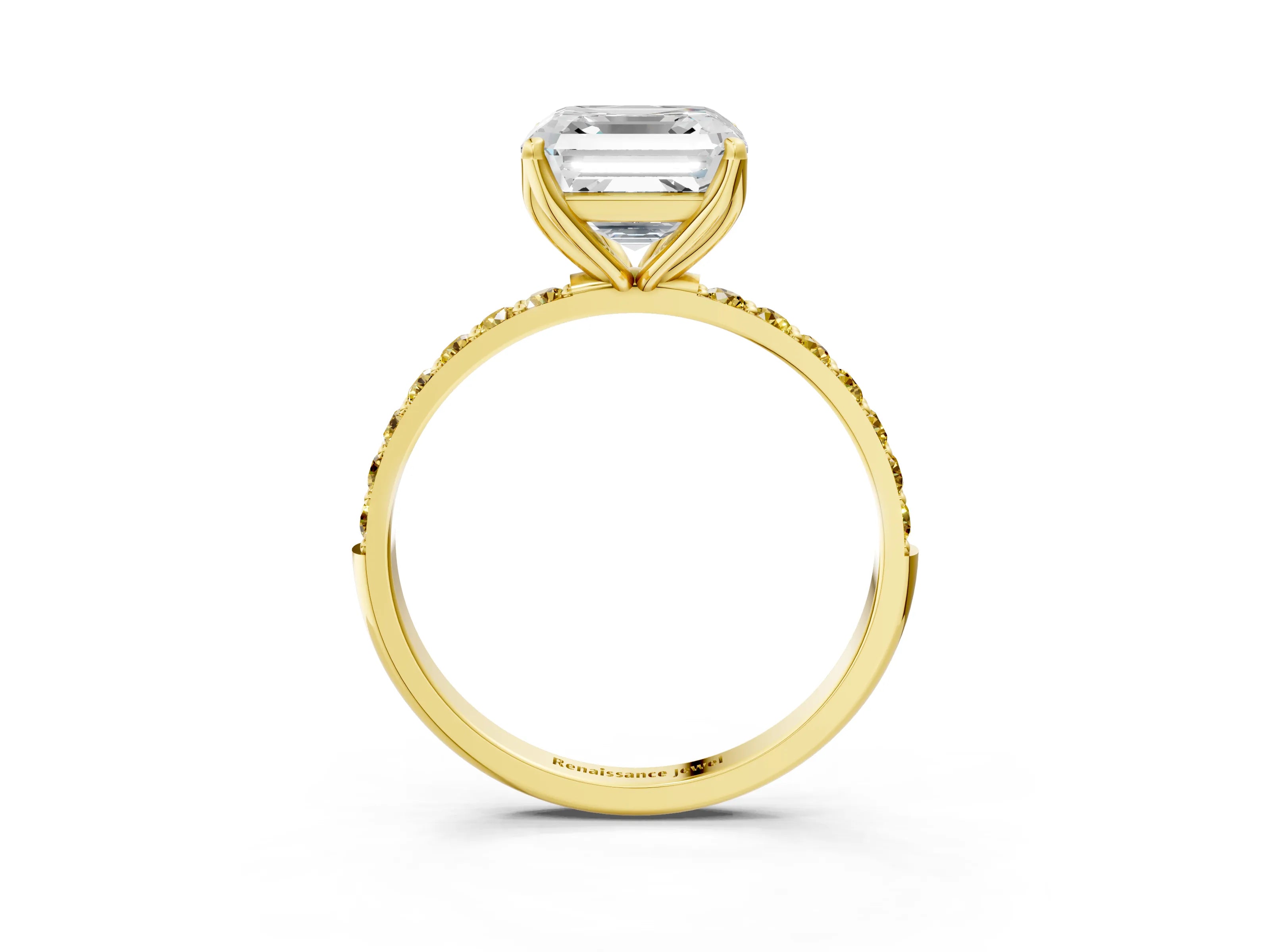 Yellow gold Asscher Cut Diamond Solitaire Engagement Ring with Round with Yellow Sapphire side stone Pavé Band and Prong Setting_3