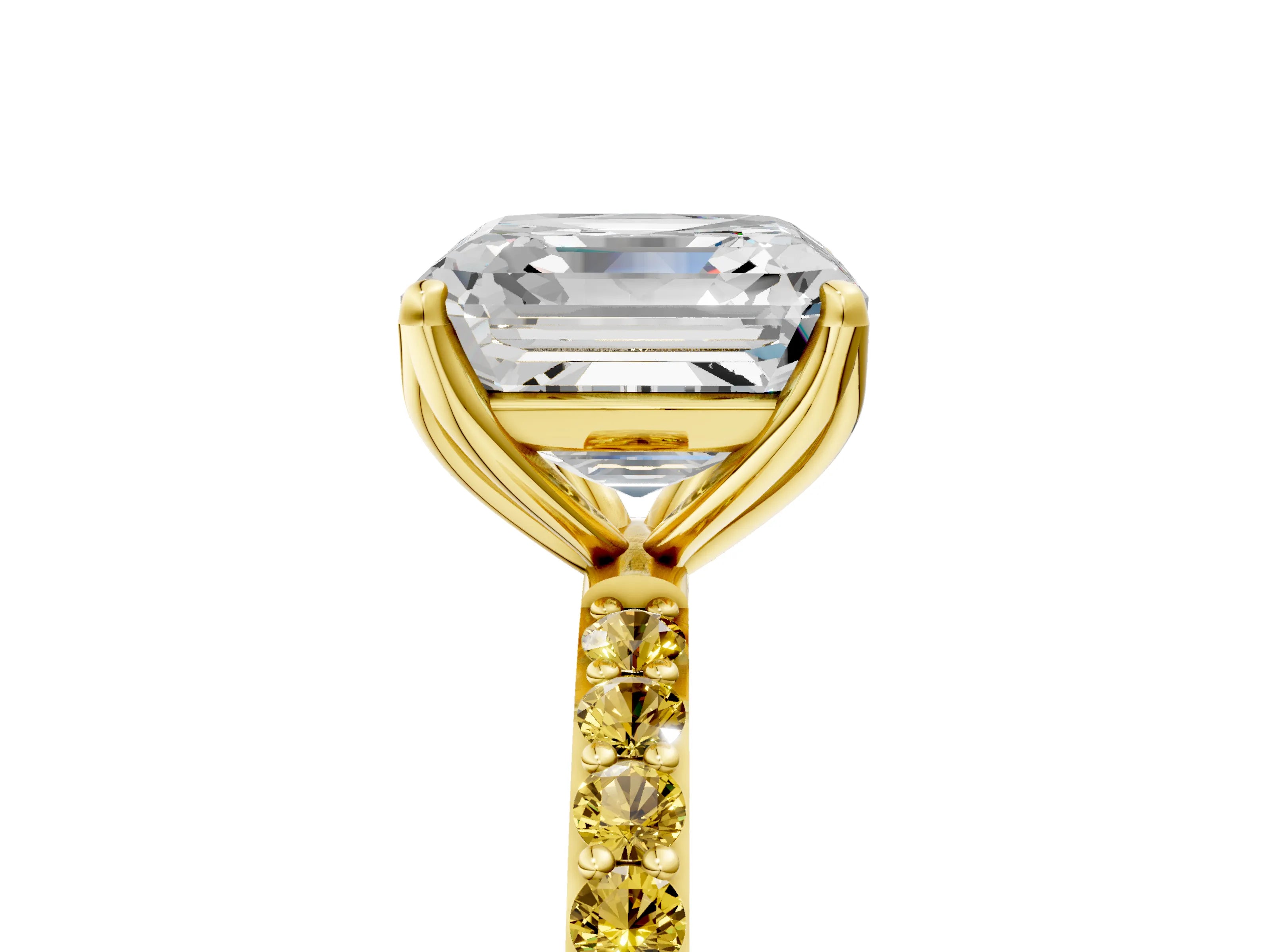 Yellow gold Asscher Cut Diamond Solitaire Engagement Ring with Round with Yellow Sapphire side stone Pavé Band and Prong Setting_5