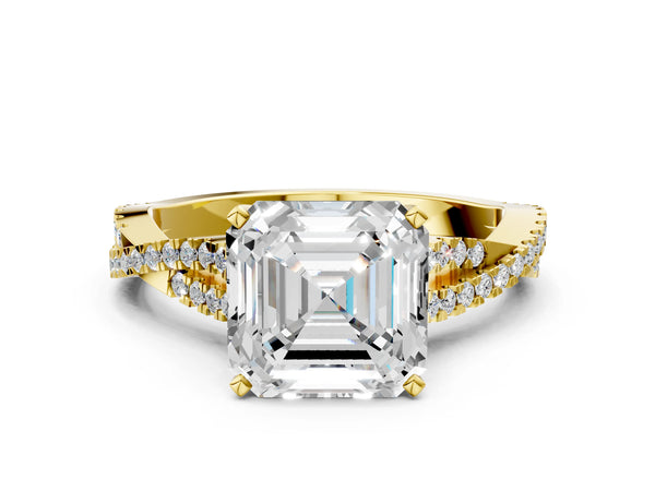 Yellow Gold Asscher Cut Solitaire Engagement Ring Setting with Twisted Split Pave Band